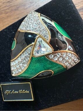 VTG New Butler Gold-Tone Green & Black Enamel Brooch Pave Clear Rhinestone